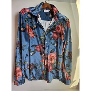 ASOS DESIGN Men's Shirt M Velvet Tropical Flowers Floral Hibiscus Blue Bright